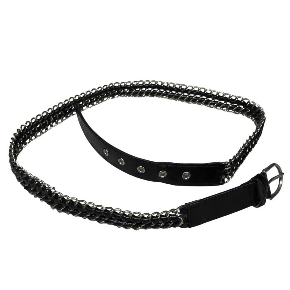 Womens Black Faux Leather Chain Belt Silver Buckle Studded Accent Size XL